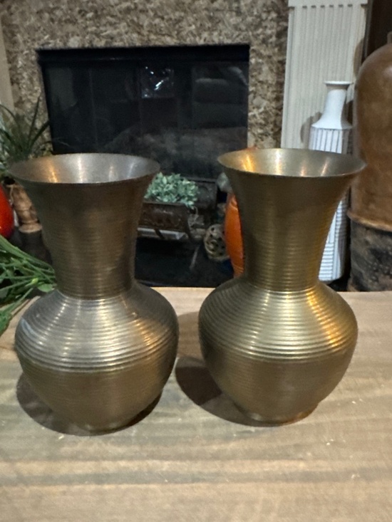 Other - Set Of 2 Vintage Solid Brass Vases With Ribbed Texture, 6 x 3 x 2.5 inches.
